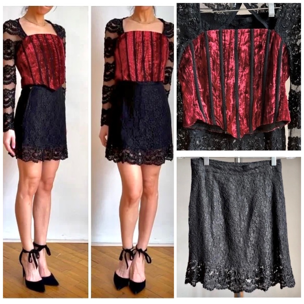 Vintage KATZ Womens Set Handmade Red Velvet Corset Top Lace Black Bead Skirt M